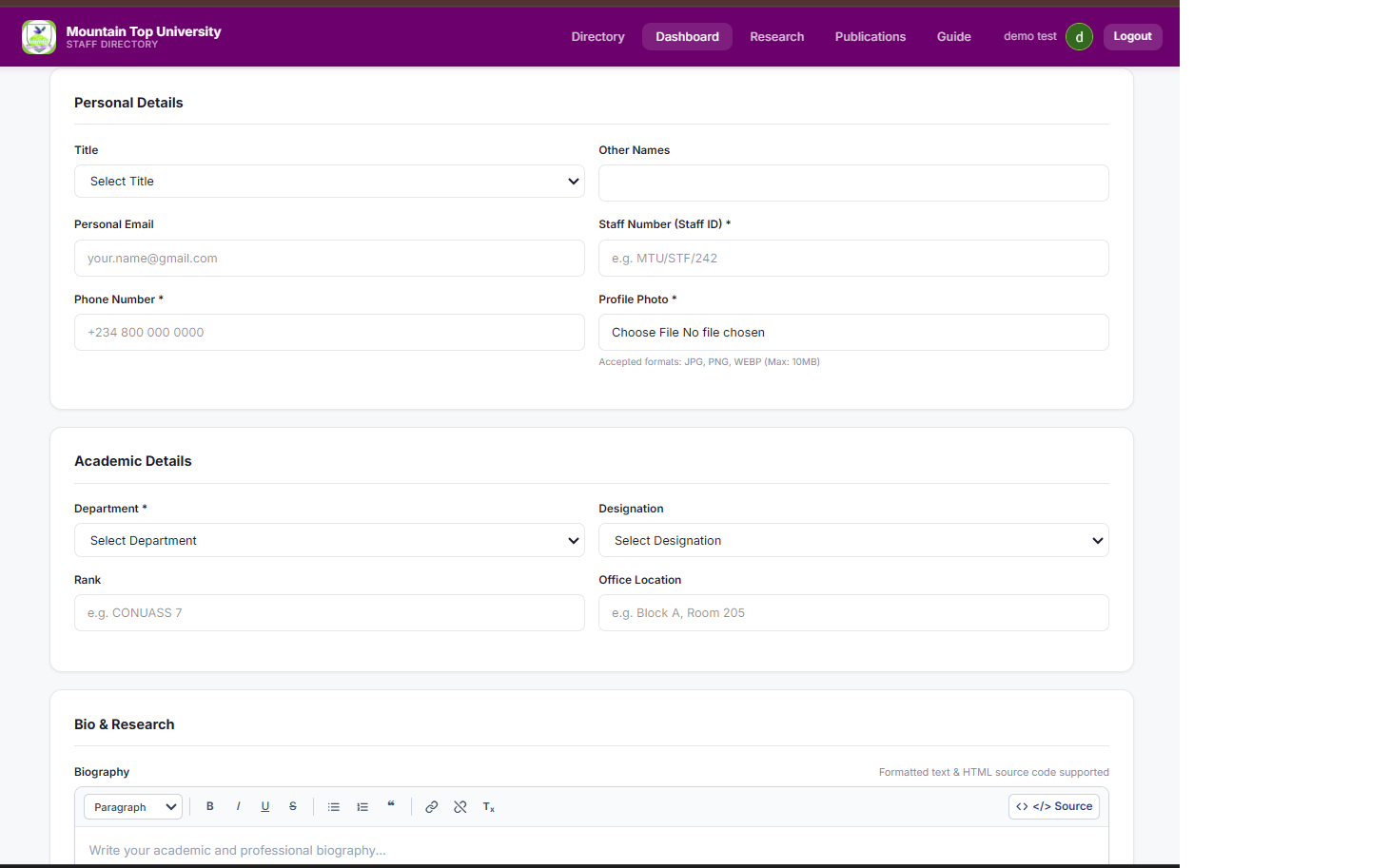 First-Time Staff Profile Creation Form