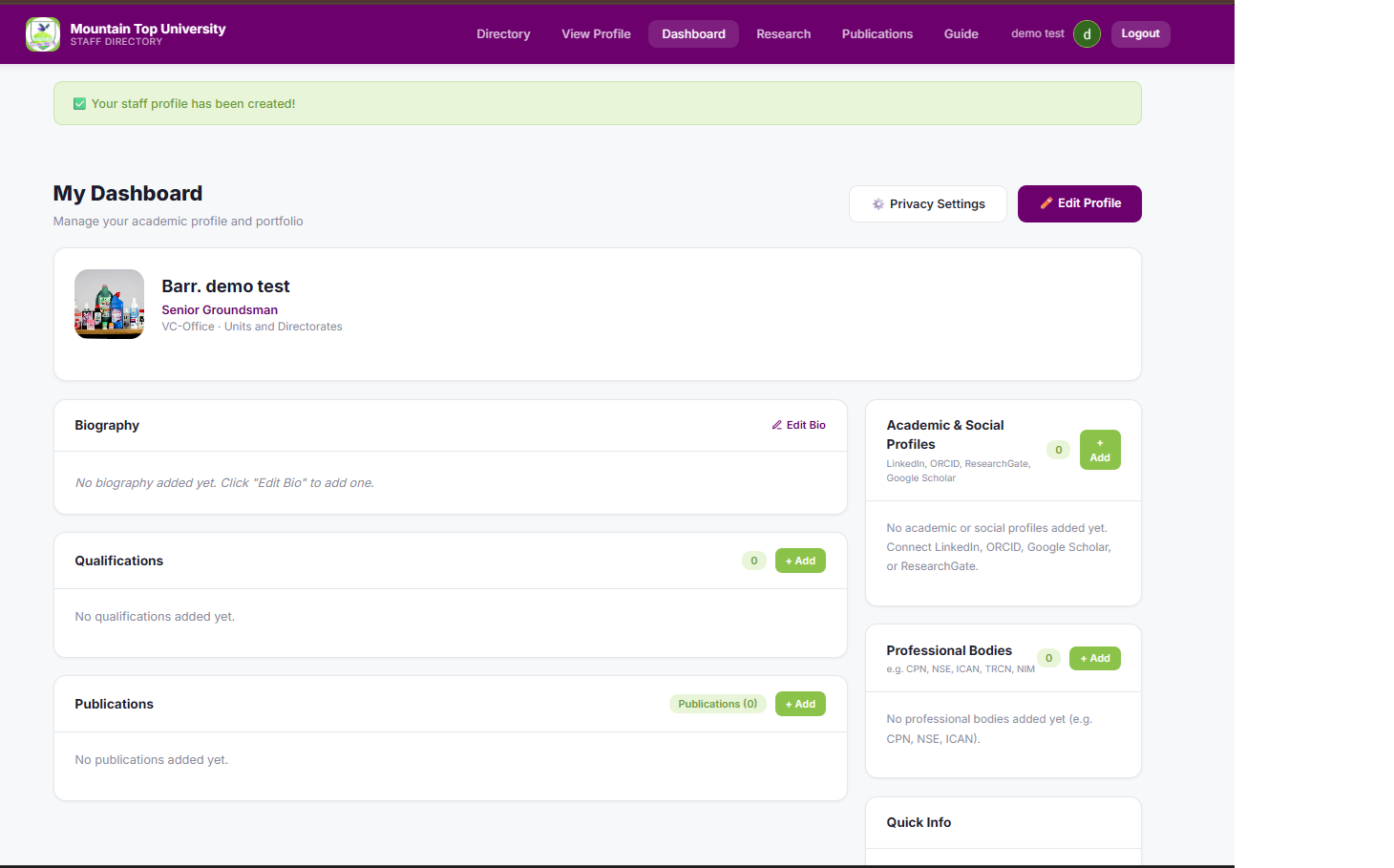 Staff Dashboard Overview