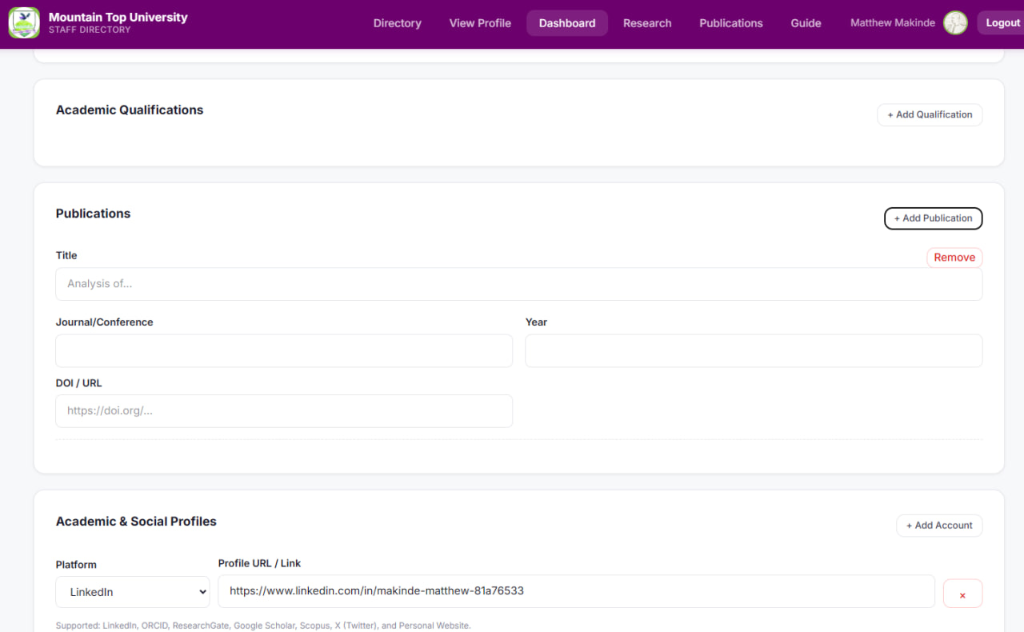 Publications and Academic & Social Profiles Setup
